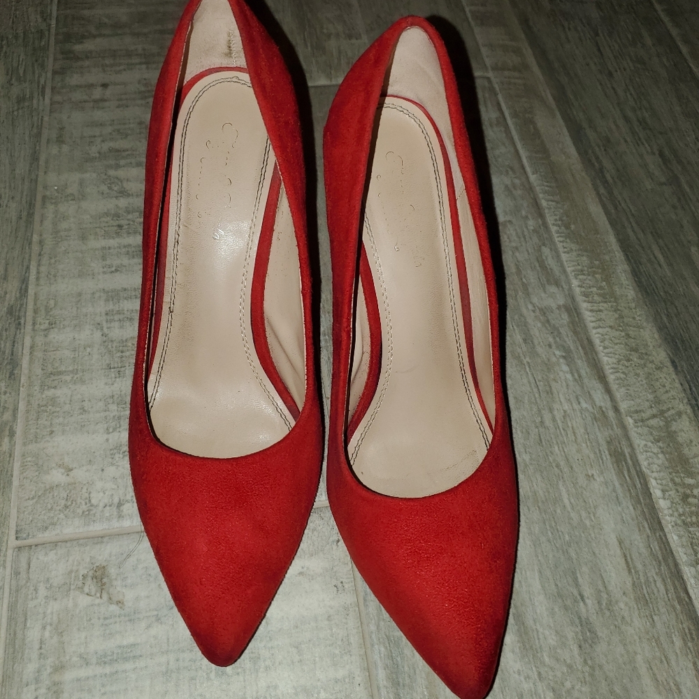 Red suede pumps for work